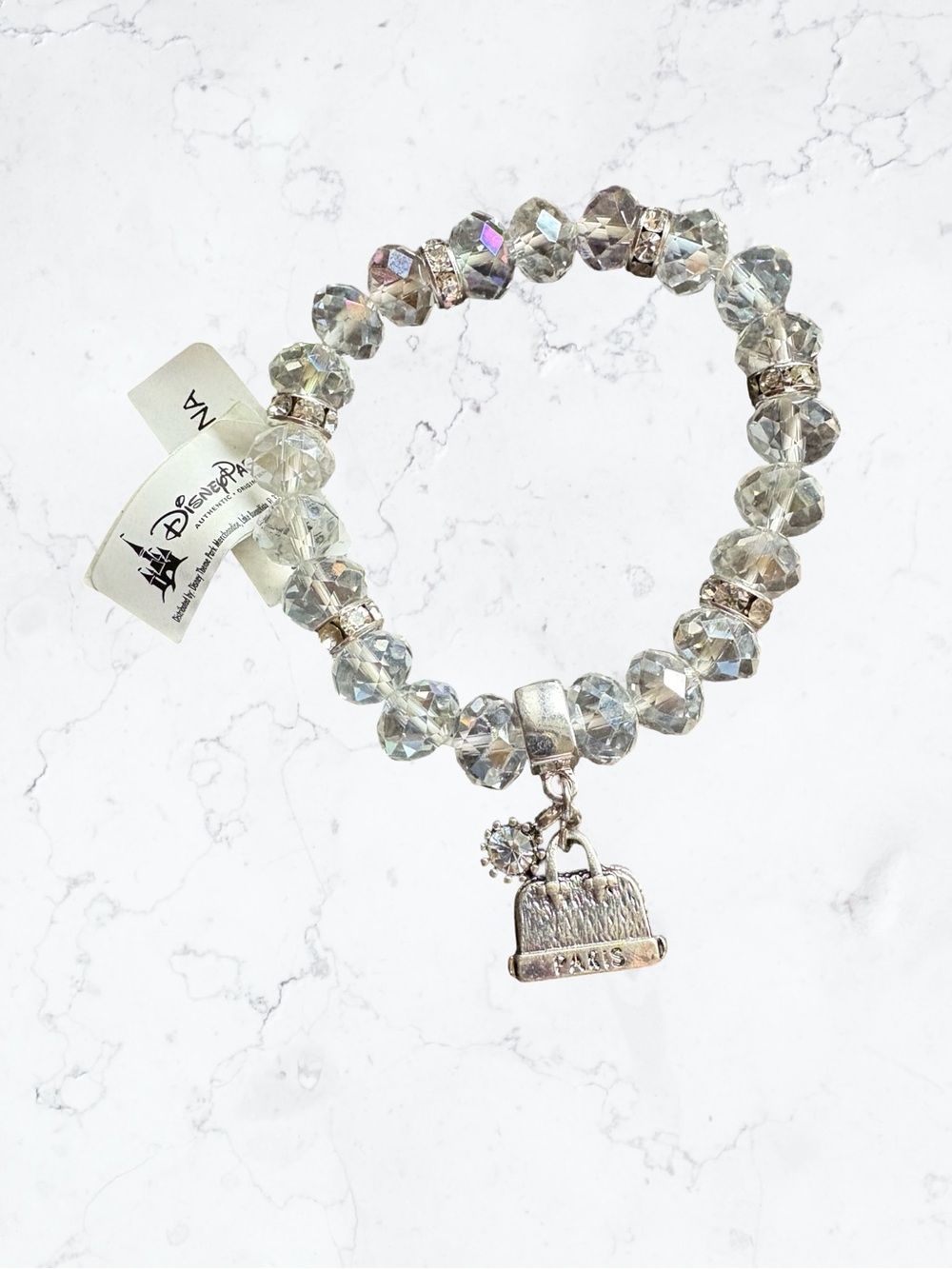 Disney Parks Euro Clear Crystal Beaded Charm Bracelet - Paris Purse Charm
